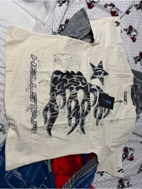 Hysteric Glamour Cream Tee with Black Flame-Star Graphic